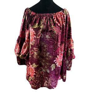 Velvet Burnout Floral Off Shoulder Peasant Top Burgundy Boho L Balloon Sleeve